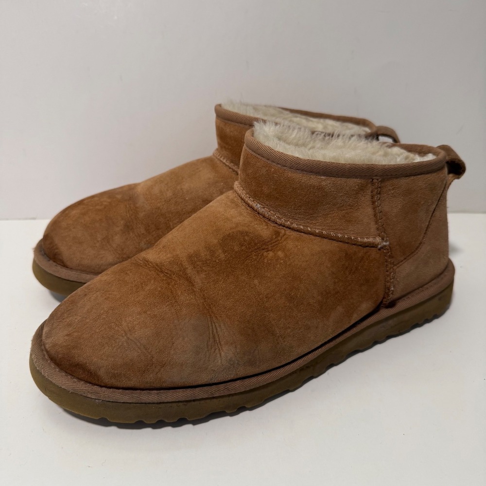 UGG Mens Classic Ultra Mini Boot 11 Chestnut Brown Suede Sheepskin Lining